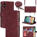 Cavor for iPhone X Wallet Case,for iPhone X Crossbody Case with Strap Stand,Phone Case for iPhone Xs with Card Holder for Women Men,Leather Magnetic Protective Cover,Wine Red