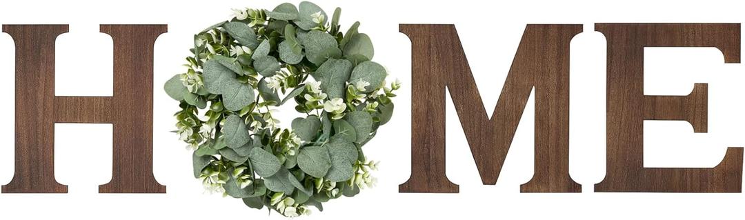 Mkono Farmhouse Wall Home Sign with Artificial Eucalyptus for O Rustic Wooden Hanging Letters Decorative Wall Art Decor for Living Room Kitchen Entryway Housewarming Gift, Large, Brown