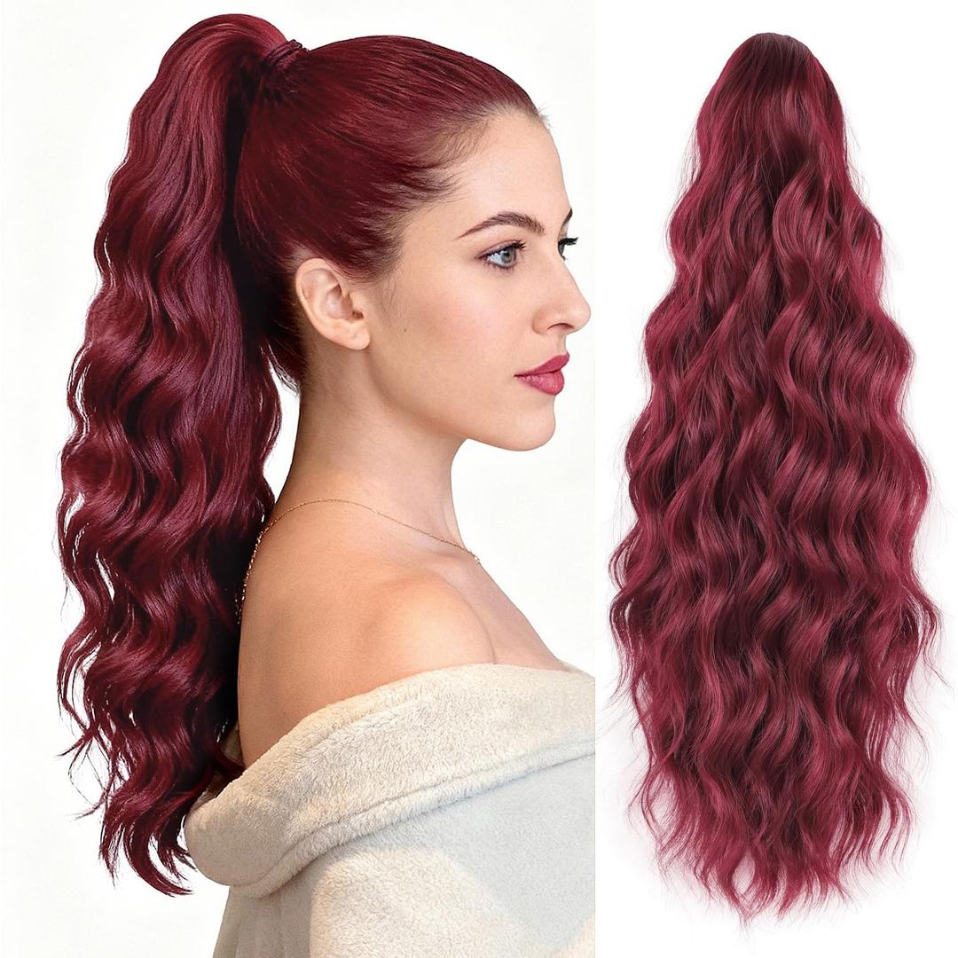 Ponytail Extension, 18 Inch Claw Clip Ponytail Extensions Wavy Ponytail Hair Extension for Women Fluffy Natural Synthetic Jaw Clip on Pony Tails Hairpiece for Daily Use (Wine Red)
