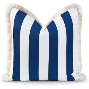 Hofdeco Premium Coastal Hampton Style Patio Indoor Outdoor Pillow Cover Only, 20"x20" Water Resistant for Backyard, Couch, Navy Blue Stripe Fringe (Navy Blue Stripe 20"x20")