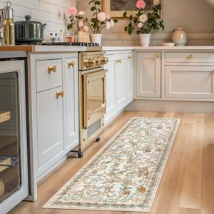 jinchan Eden Floral Washable Runner Rug 2x6 Autumn Vintage Hallway Rug Non-Slip Lightweight Soft Thin Kitchen Low Pile Distressed Orange Fall Decor Carpet for Bathroom Laundry Room Bedroom Entryway