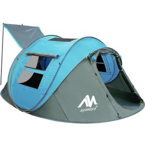 4 Person Pop Up Tents for Camping - AYAMAYA Waterproof Instant Family Tents with Skylight & Removable Rainfly, Upgraded Large Size with 2 Doors -Automatic Easy Setup Beach Tent with Poles (Blue)