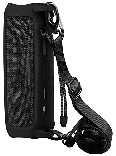 Geiomoo Silicone Carrying Case Compatible with JBL Flip 6, Portable Cover with Carabiner and Shoulder Strap (Black)