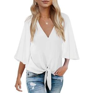 Bluetime Women's Tie Front Tops 3/4 Bell Sleeve V Neck Cute Summer Tops Shirts Casual Chiffon Blouses L