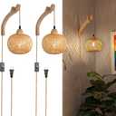 Frideko Bamboo Wall Sconces Set of Two Plug in, Boho Wall Lamp with Plug in Cord, Farmhouse Wall Light Fixtures with 9.84FT On/Off Switch Cord, Rattan Sconces Wall Lighting for Bedroom Living Room (Orange(2PC))