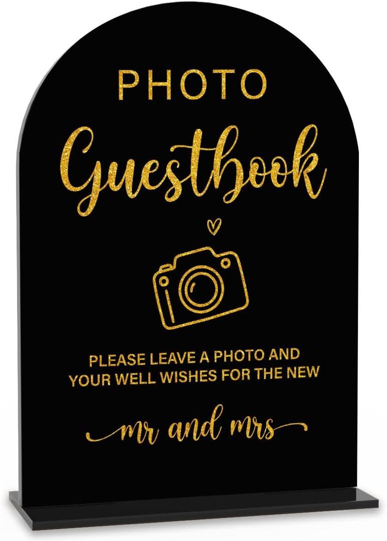 Acrylic Wedding Sign, Bridal Shower Decorations, Photo Guestbook Sign for Ceremony, Modern Font Table Signs, Acrylic Table Top Signs for Wedding Reception and Event Party (Black Gold)