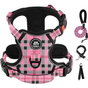 IVY&LANE No Pull Dog Harness with Leash Set, Reflective No Choke Pet Vest,Adjustable Oxford Dog Vest Harness with Easy Control Handle for Medium Lagre Dogs (Checkered Pink, M)