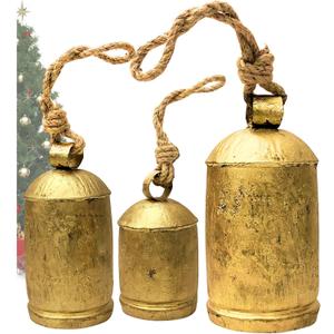 Decorative Cow Bells Set of 3 Large Harmony Bells - Vintage Giant Christmas Bells, Country Rustic Cowbell on Jute Rope XL Hanging Lucky Golden Bells (4"-6"-8")