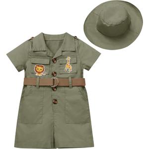 Baby Safari Outfit Wild One Birthday Outfit Girl Short Sleeve Safari Jumpsuit with Hat Toddler Zoo Keeper Outfit (12-18 Months, Army Green)