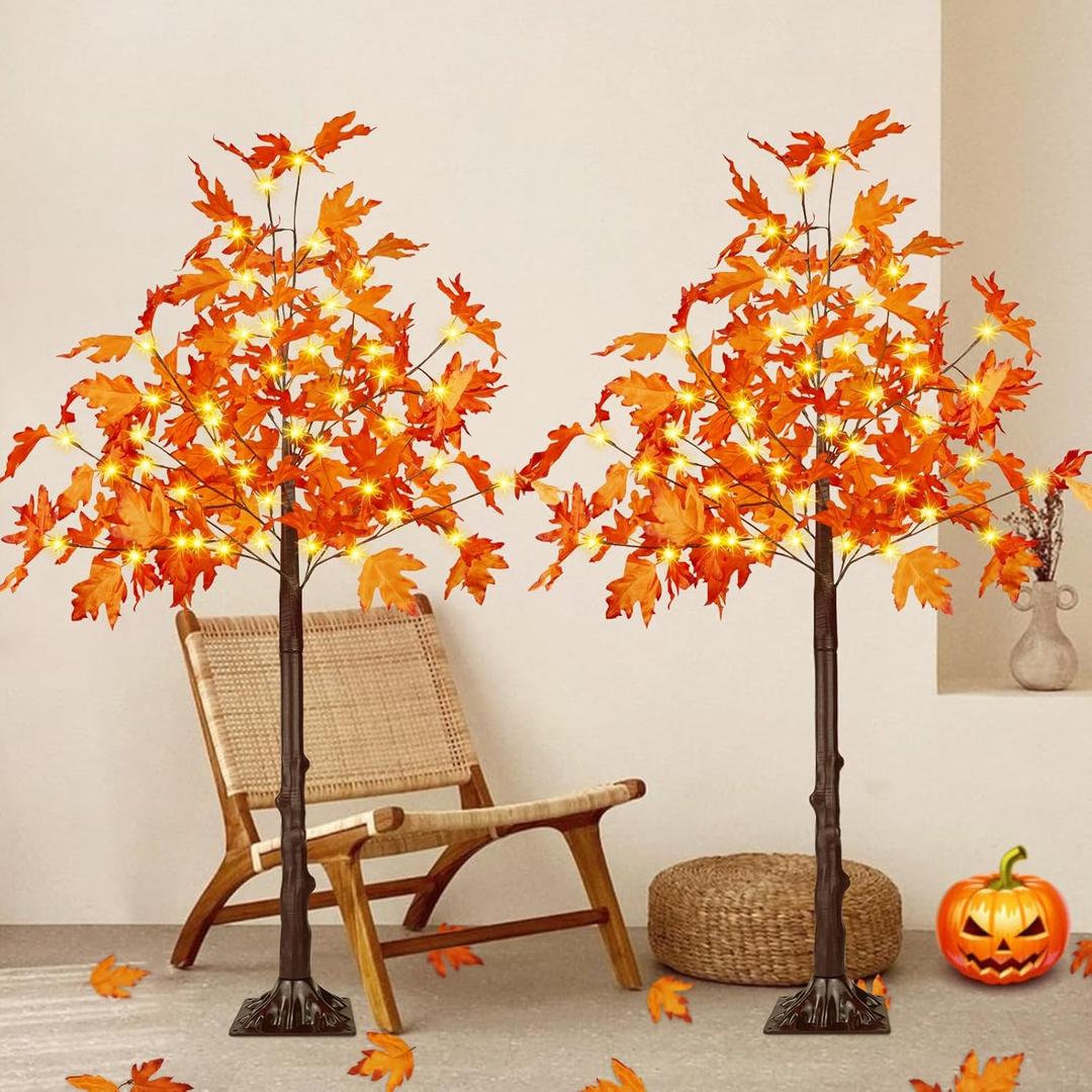 2 Pack 4FT Artificial Lighted Maple Tree, Thanksgiving Decorations for Home with Timer, 100 LED Prelit Fall Decor Maple Tree with Warm White Light for Indoor Outdoor Harvest Thanksgiving Day, Orange
