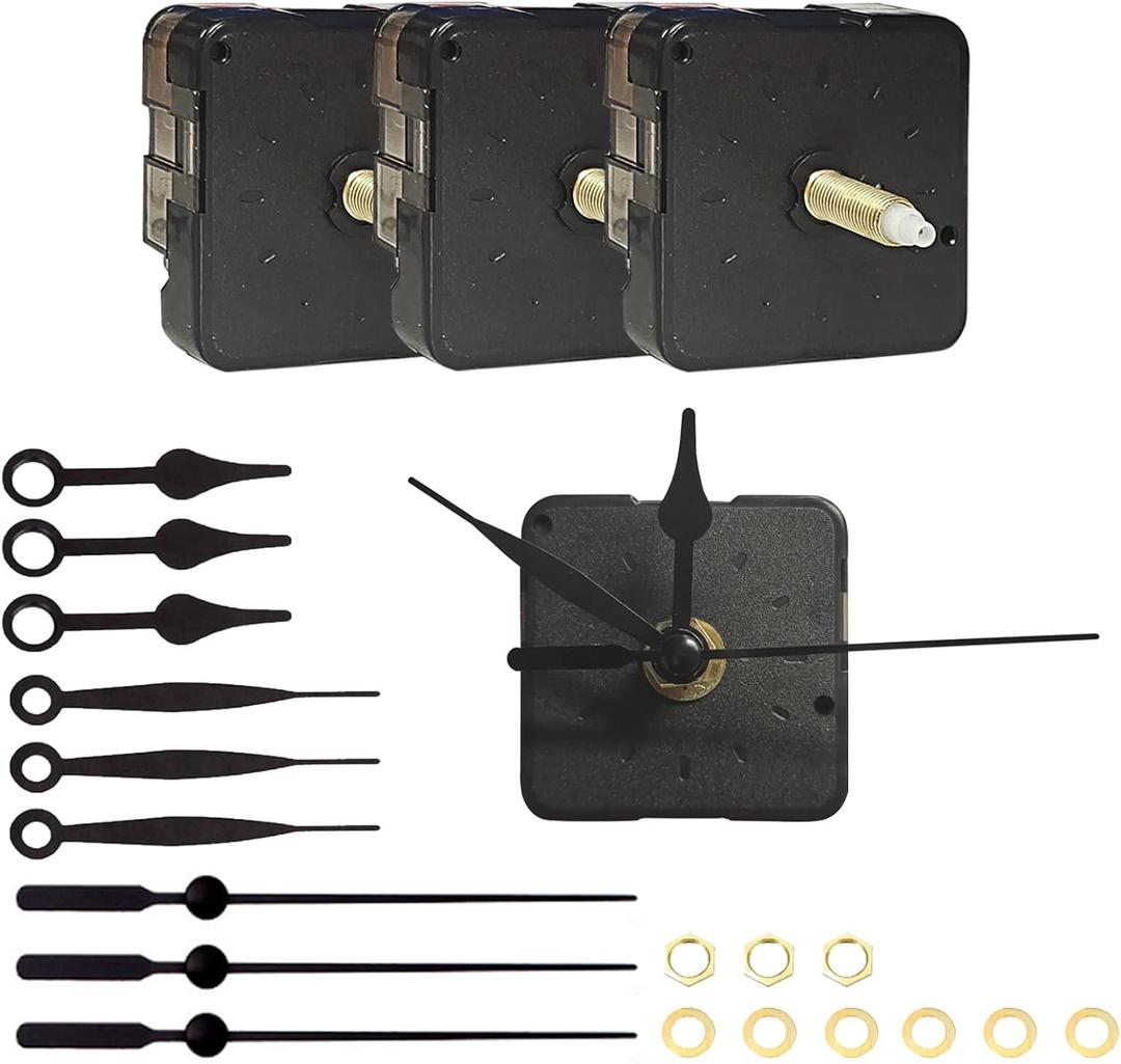 3 Pieces Clock Movements DIY Wall Clock Battery Operated Mechanism Clock Hands High Torque Long Shaft Repair Parts Replacement with Matching Parts and Pointers Total Shaft Length 22mm(No Battery)