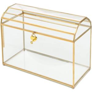 Gold Wedding Card Box with Slot and Lock - Glass, Brass Wedding Gift Box for Cards - Bin Container for Reception Bridal Baby Shower