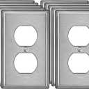 BESTTEN 10 Pack Duplex Receptacle Metal Wall Plate with Protective Film, 1 Gang Standard Industrial Stainless Steel Outlet Cover, Durable Corrosion Resistant, Brushed Finish, Silver (1 Gang Duplex 10PK, Brushed Stainless Steel)