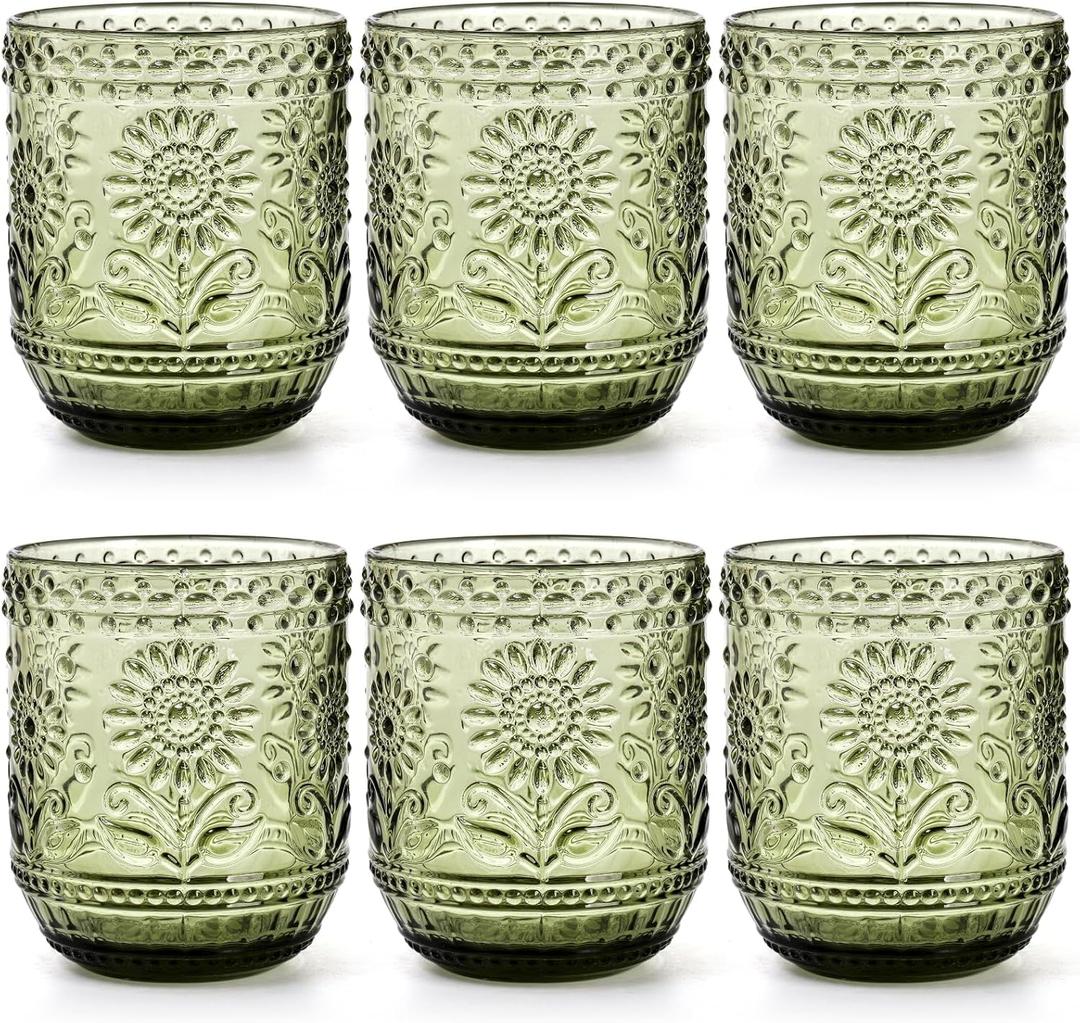 Hacaroa Set of 6 Vintage Drinking Glasses, 12 Oz Green Colored Glassware Floral Embossed Water Glasses, Decorative Beverages Tumblers for Cocktail, Whiskey, Beer