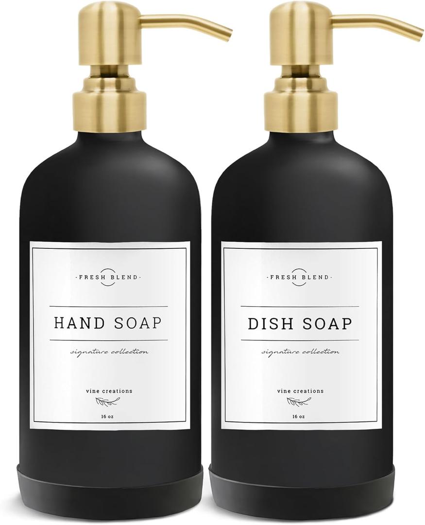Vine Creations Black Glass Soap Dispenser, 2 Pack Kitchen Soap Dispenser Set with Stainless Steel Pump, 16 oz Dish Soap and Hand Soap Dispensers for Bathroom with Waterproof Labels (Matte Black Bottle / Brushed Gold Pump)