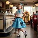 50s Costumes for Girls 1950s Pink Poodle Skirt Set with Eye Glasses Scarf Headband Socks for Kids Halloween Costume (Blue, XS)