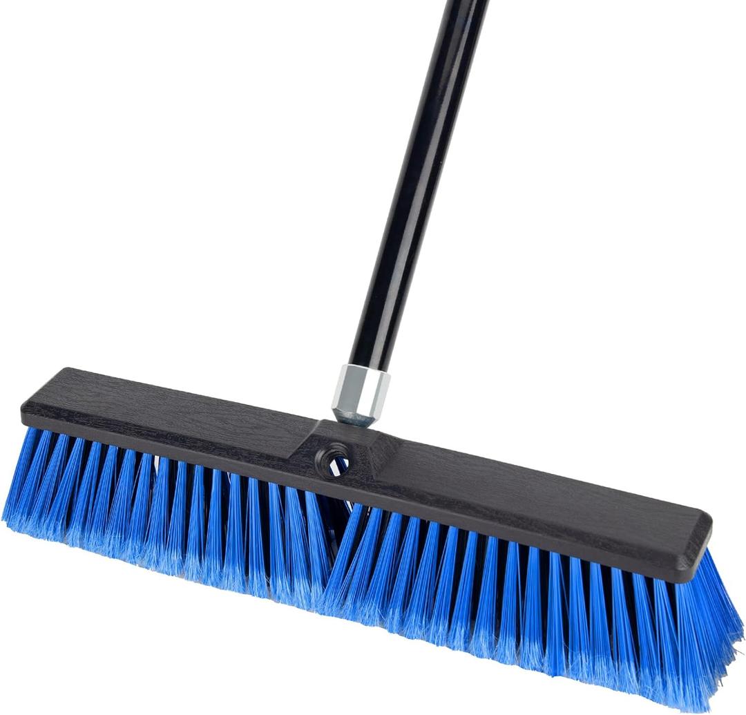 18 Inches Outdoor Push Broom Heavy Duty Shop Broom with 63" Long Handle for Deck Driveway Garage Yard Patio Concrete Floor Cleaning(Blue)