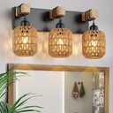 3 Light Bathroom Vanity Light Fixtures Rustic Style Wood Bathroom Wall Sconce with Boho Wicker LampshadeSuitable for Bedroom, Hallway, and Living RoomRattan Black Farmhouse Wall Sconce