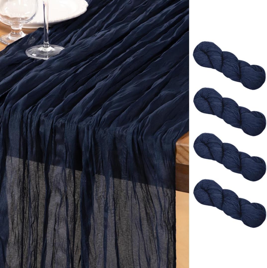 DeZerlor Navy Blue Cheesecloth Table Runner 4 Pack Summer Table Runners Boho Gauze 120 Inches Cheese Cloth Table Decor for Wedding Bridal Baby Shower Parties