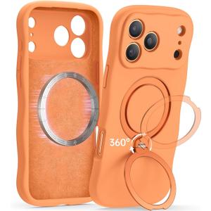 360 Spin Silicone Stand (Pro-Version) for iPhone 17 Pro Max Case: Cute Wavy [Full Camera Protection] (Fit for MagSafe) Shockproof Women Girl Phone Case for iPhone 17 Pro Max 6.9", Cosmic Orange