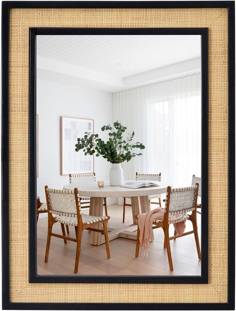 Rectangle Rattan Mirror, 24"x32" Rattan Wall Mirror for Bathroom, Large Farmhouse Wooden Mirror with Handmade Wicker Frame, Decorative Boho Mirror for Nursery Bedroom Living Room Entryway Black