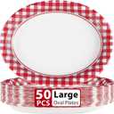 50Pcs Gingham Oval Paper Plates 10" x 12" Large Disposable Heavy Duty Red and White Buffalo Checked Plaid Dessert Platter Sturdy Plate for Summer Pizza BBQ Picnic Crawfish Boil Birthday Party Supplies