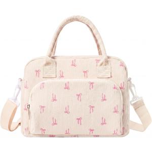 Dansydaisy Pink Bow Lunch Bag for Women, Corduroy Lunch Box with Strap