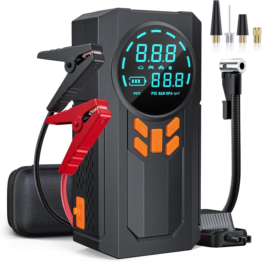 Jump Starter with Air Compressor, 5000A 160PSI Battery Jumper Starter Portable (9.0 Gas/8.0L Diesel), 12V Jump Box Car Battery Jump Starter with Smart Jumper Cables, LED Light, LCD Display (Matte Black)