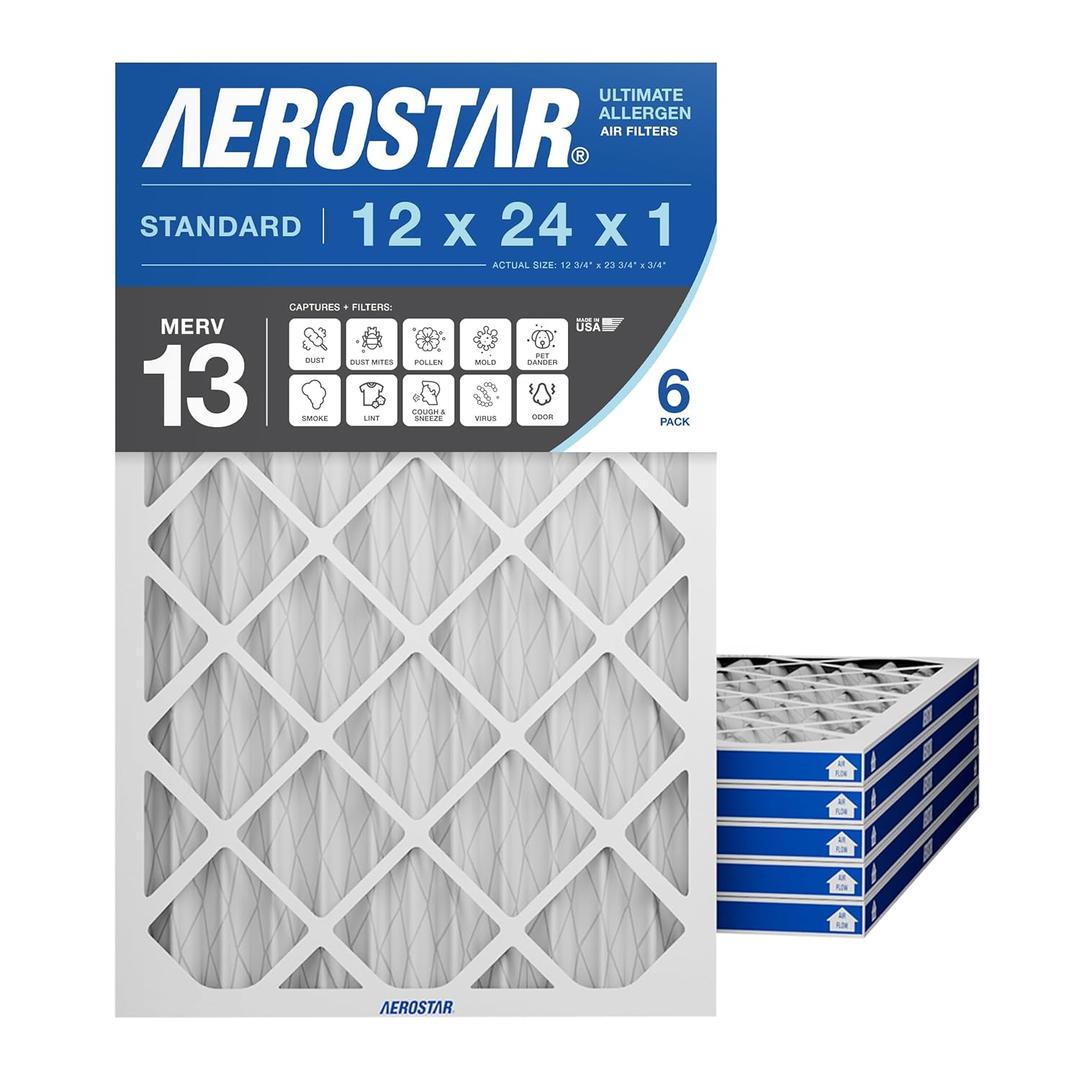 Aerostar 12x24x1 MERV 13 Pleated Air Filter, AC Furnace Air Filter, 6 Pack (Actual Size: 11 3/4" x 23 3/4" x 3/4")