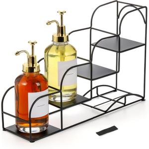 Noamus 4-Tier Syrup Bottle Holder, Iron 4 Compartment Bottle Organizer Rack, 16" Countertop Display Storage Shelf Bottle Stand, Metal Coffee Bar Organizer for Dressing, Wine, Juice, Kitchen, Black