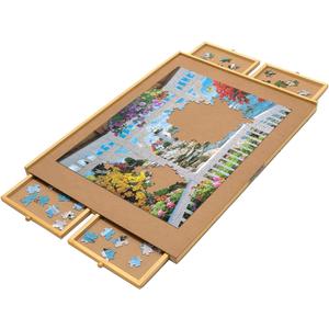 Bits and Pieces Jigsaw Puzzle Board with Drawers, Puzzle Board 1000 Pieces, 22 Inch x 30 Inch Wooden Tray Table with 4 Organizing Piece Sorting Trays, Portable, Easy Storage for Puzzles