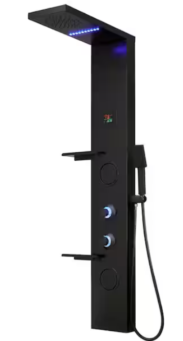 2-Jet Rainfall Shower Panel System with Rainfall Shower Head, Shelf, STub Spout and LED Light in Matte Black