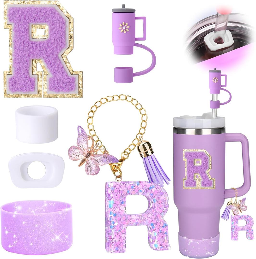 2 x Mity rain 6PCS Cup Accessories Set for Stanley Cup 30oz 40oz tumbler with handle, Including Silicone Straw Topper Cover Cap and Boot, Spill Proof Stopper, Handle Charm, Initials Sticker (Letter R)
