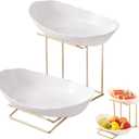 2 Tier Plastics Fruit Bowl for Kitchen CounterTiered Fruit Basket for countertopSnack PlateGold Metal Rust PreventionParty, Family, Birthday,Fully Welded Firmly (Gold&White)