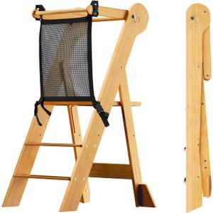 COSYLAND Foldable Toddler Kitchen Stool Helper - Height Adjustable Standing Tower for Bathroom Sink or Kitchen Counter - Step Stool for Toddlers Ages 18 Months to 6 Years Natural