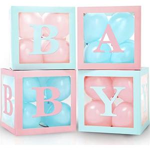 Vellax Baby Boxes with Letters for Baby Shower - Baby Shower Decorations of 44 pcs, 32 Pink Blue Balloons, 4 Blocks, 8 Letters, Perfect Party Decor