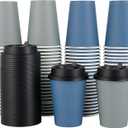 LITOPAK 100 Pack 12 oz Disposable Paper Coffee Cups with Lids for Coffee, Water, Juice, or Tea, Blue and Gray Hot Paper Cups for Home, Restaurant, Store, and Cafe