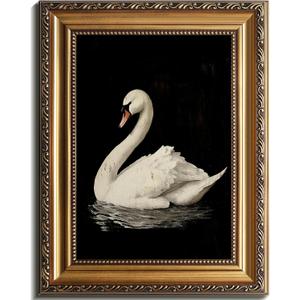 Vintage White Swan Canvas Wall Art with Distressed Gold Frame - Ready-to-Hang Swan Pictures Wall Decor for Living Room, Bedroom, Bathroom & Office White Sw an Painting Framed - 16x24 Inch