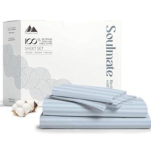 Mayfair Linen 100% Cotton Striped Sheets Queen Size Bed Set - 500 Thread Count Damask Sheets Queen Size 4 PC Set (Light Blue Stripe), Soft, Cooling, Sateen Weave Hotel-Quality 16" Deep Pocket Bedsheet