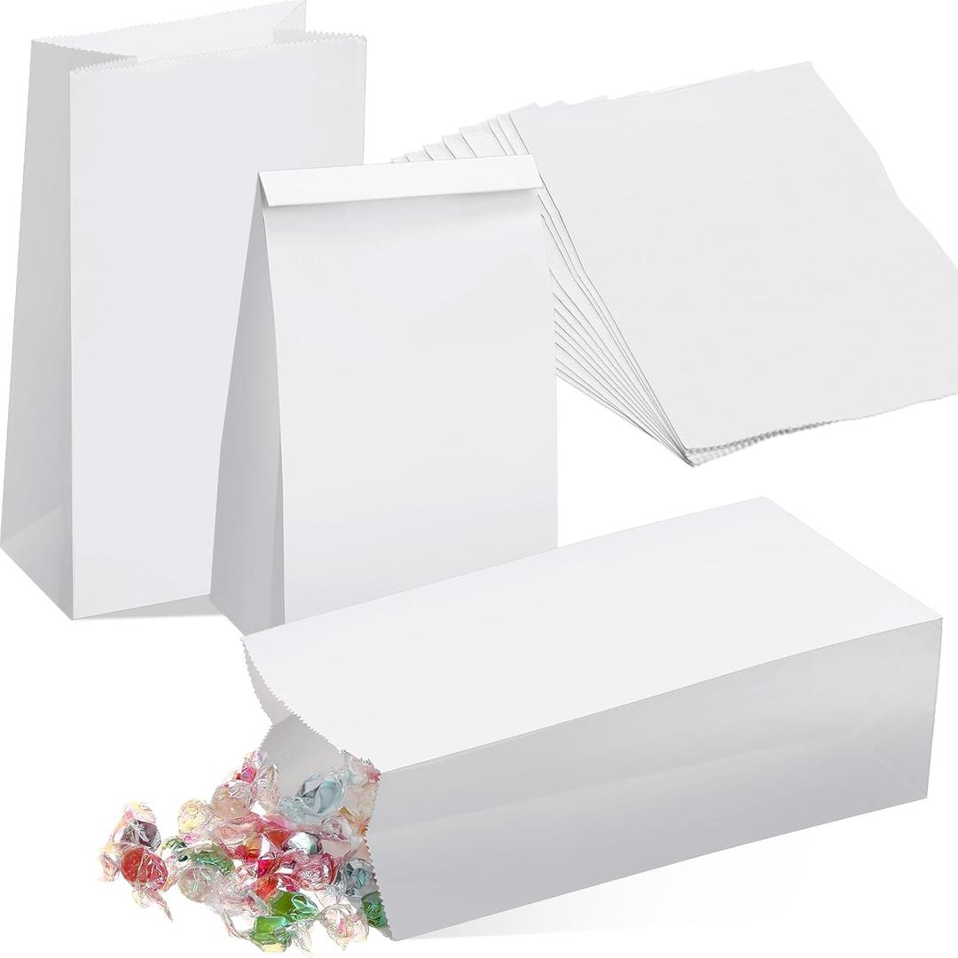 Containlol 200 Pcs Small Paper Bags, 4 lb Mini Paper Treat, Kraft Lunch Bags 5.12 x 3.15 x 9.45 for Christmas Wedding Favor Grocery Candy Cookie Sandwich Popcorn Bread Snack (White)