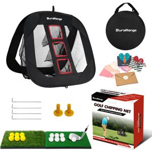 Pop-Up Golf Chipping Net - Ultimate Target Training Chip Aids for Precision & Distance, Outdoor | Indoor Practice, Golfer Gift (1 Black Net+ 2 Mats+ 12 Balls + 6 Greeting Cards)