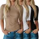 Riyiper 3 Pack Women's Half Sleeve Tops Crewneck 1/2 Sleeve T Shirts Elbow Length Tops Slim Fit Cotton Blend Basic Tees (Black, White, Khaki), Size S