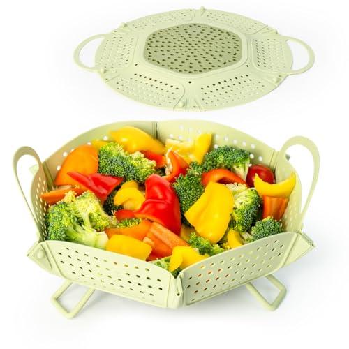 Large Collapsible Silicone Steamer Basket, Folding Silicone Vegetable Steamer Basket With Handles, BPA Free, Expandable for Pot, Non Slip Feet, Compact Storage, Dishwasher Safe