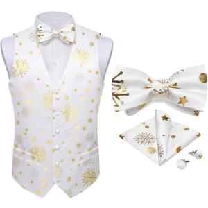 DiBanGu Mens Christmas Suit Vest Holiday Xmas Waistcoat Bowtie Set Party Suit Vest Christmas Holiday Waistcoat Tuxedo (White Gold)