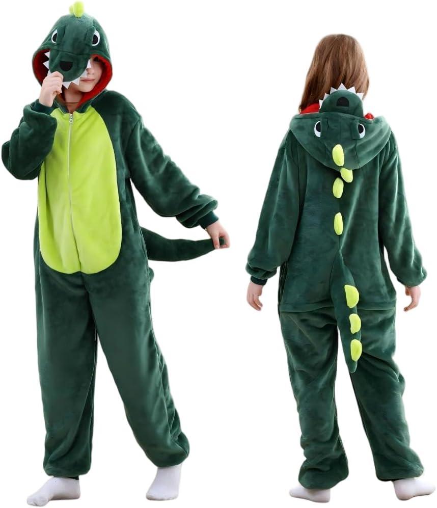 Unisex Kids Onesie, Flannel Cosplay Animal Costume Halloween Onesie Pajamas Home Clothing (3-4T, Dark Green Dinosaur)
