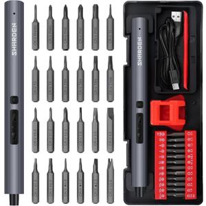 SHARDEN Mini Electric Screwdriver, 29 in 1 Small Electric Screw Driver Kit with 24 Magnetic Bits, Precision Cordless Repair Tool for Phone, Camera, Laptop, Watch (Red)