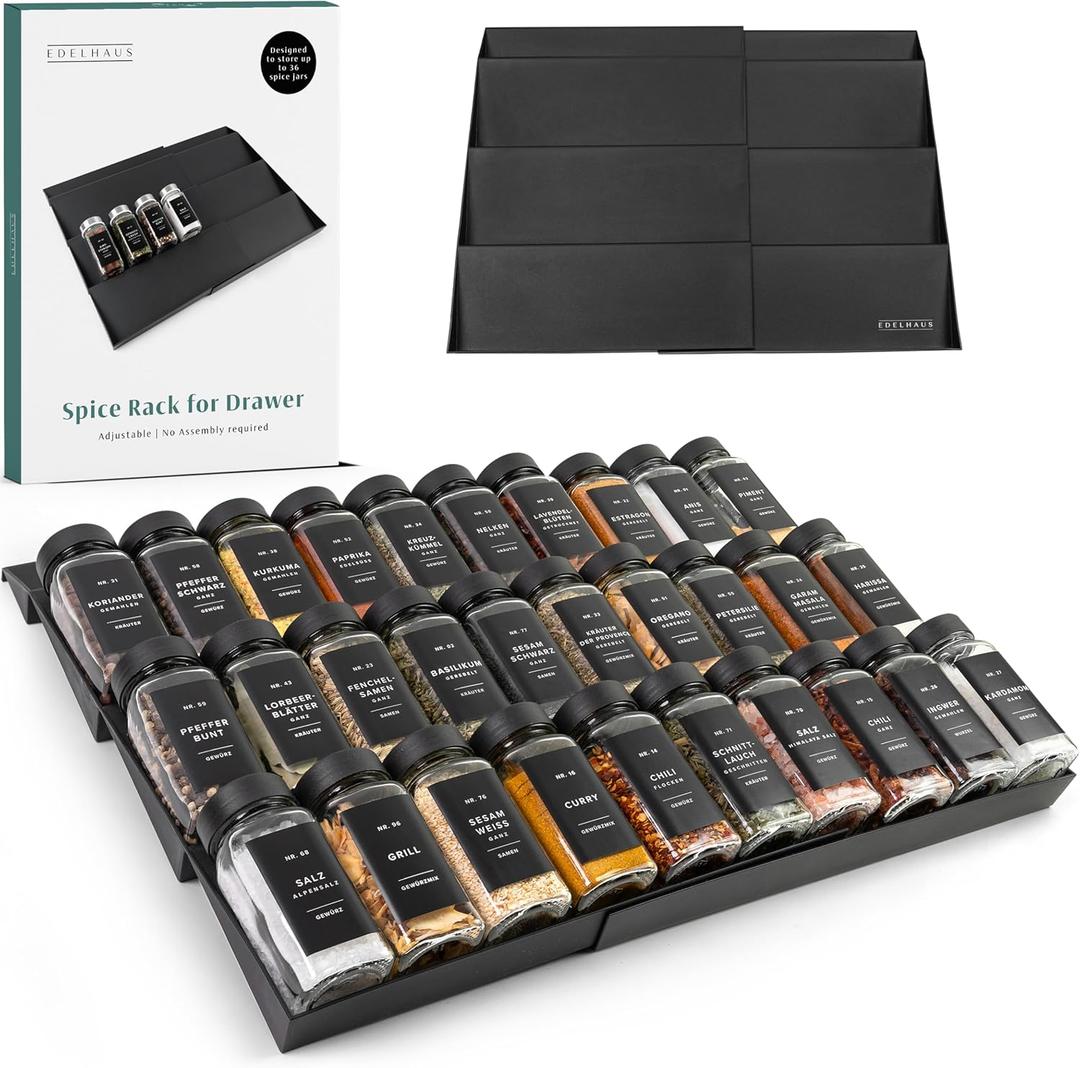 EDELHAUS Spice Drawer Organizer - Expandable Spice Rack for Drawer, Black Seasoning Organizer for Drawer Spice Organizer, Spice Organization Seasoning rack insert for Cabinet (Jars Not Included)