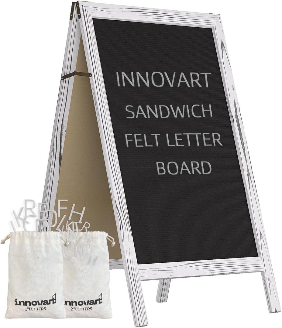 INNOVART A-Frame Sidewalk Sign 36" x 20", Double-Sided Felt Sandwich Letter Board with Changeable Letters, Letter Board Sign with Stand for Restaurant, Retail, Church, Wedding, Outdoor Event, White