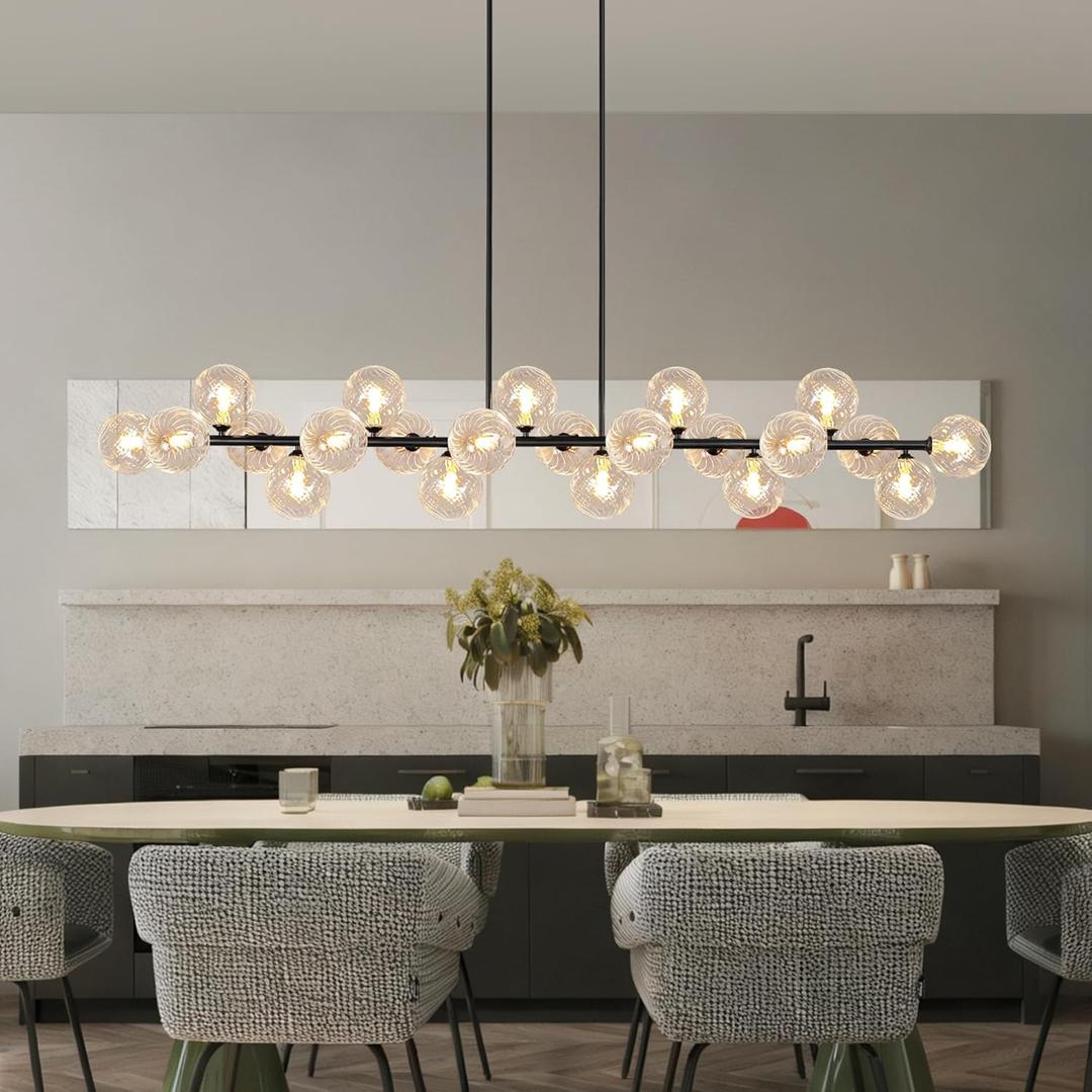 Dining Room Chandelier 70 Inch Modern Linear Chandelier 22 Lights Clear Glass Globe Pendant Light Sputnik Light Fixture for Kitchen Island, Living Room, Farmhouse