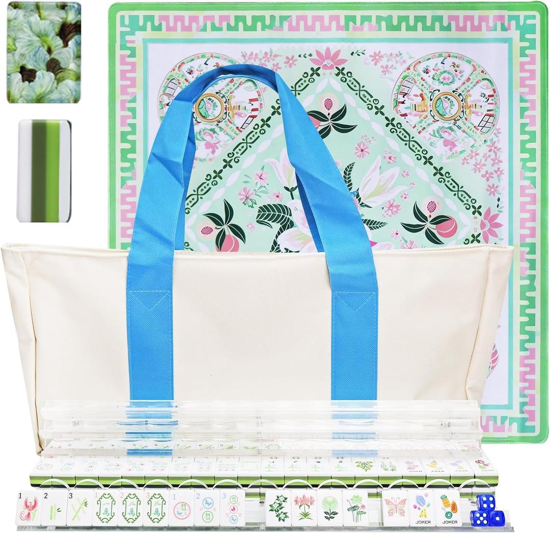 American Mahjong Game Set, Acrylic Mahjong Set with Green Floral Themed, 2 Carrying Bags, 4 Acrylic Racks with Pushers, Silent Mat & 3 Dice – Portable American Mahjong Set for Adults, Game & Travel